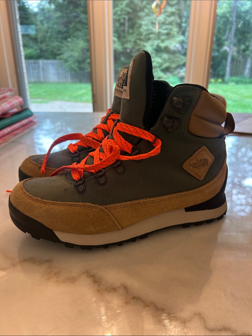 The North Face Olive Green and Tan Hiking Boots with Bright Orange Laces